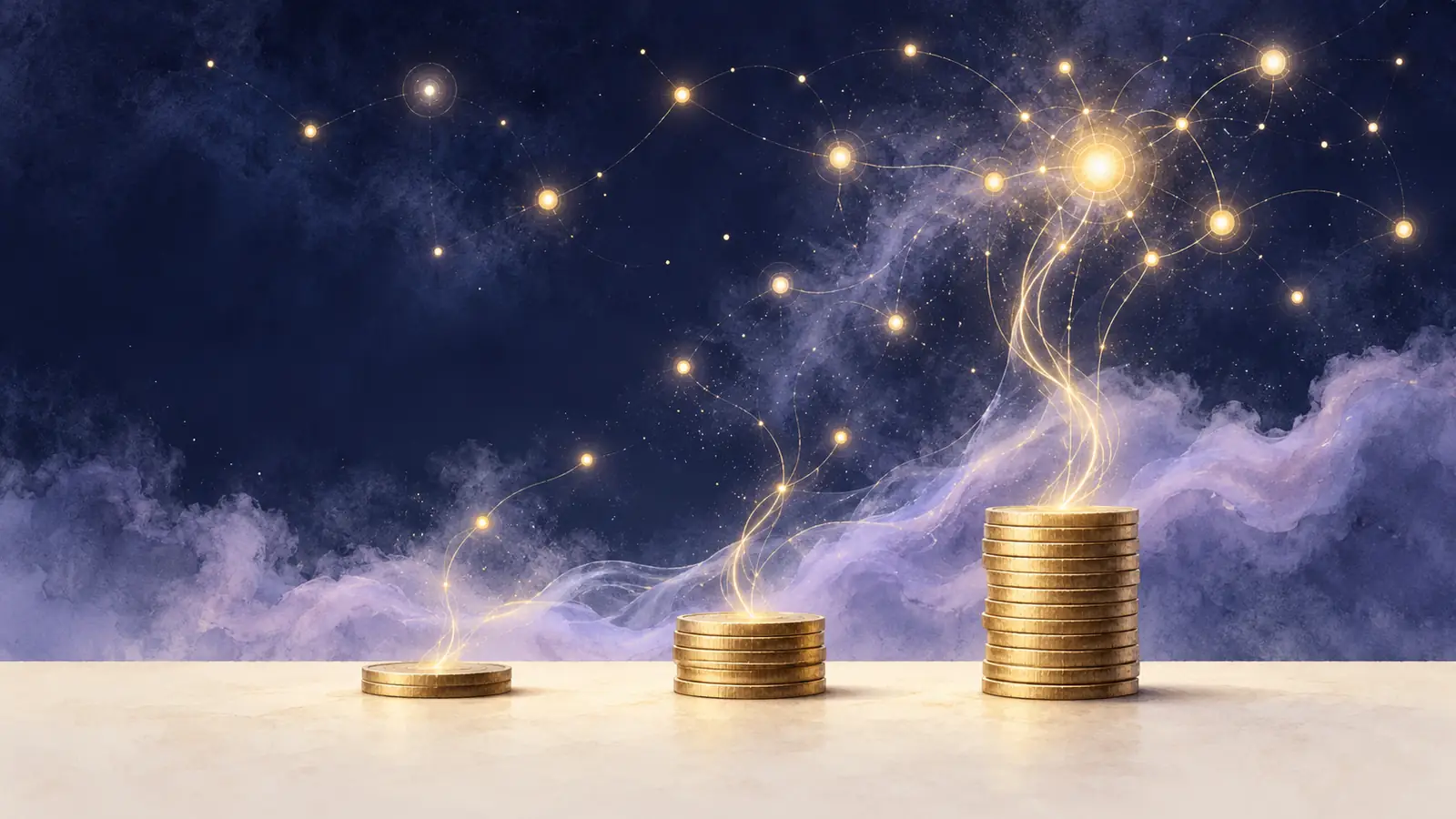 Trois piles de pièces dorées de plus en plus hautes, d'où montent des fils de lumière vers une constellation
