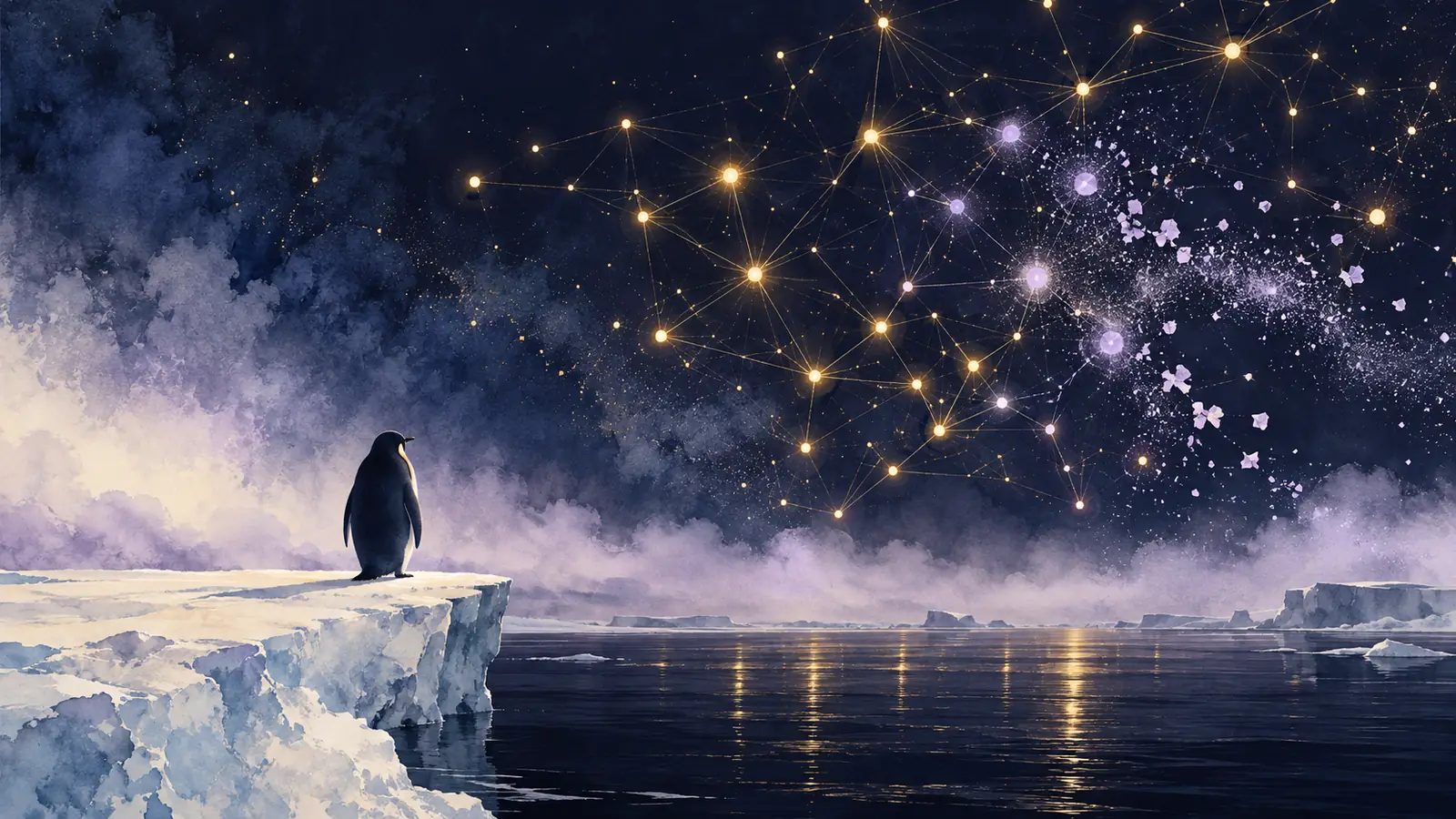 Un pingouin au bord de la banquise regarde une constellation de points lumineux, dont une partie se défait en poussière